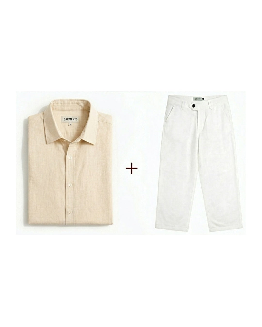 Sand Beige & White Linen Pants Set